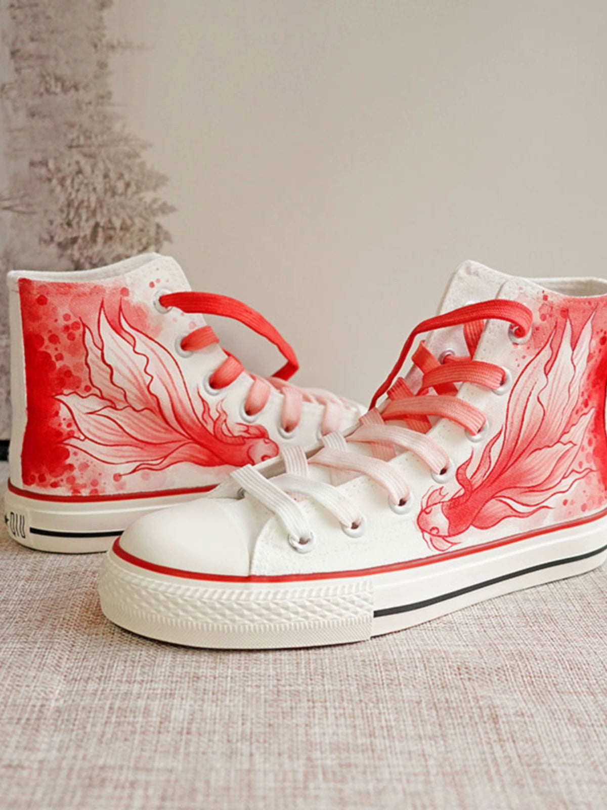 2024 Summer New Arrival High-Top National Style Hand-Painted Canvas Shoes Red Big Fish Chinese Ancient Style Ink Painting Stylish Student Creativity Board Shoes