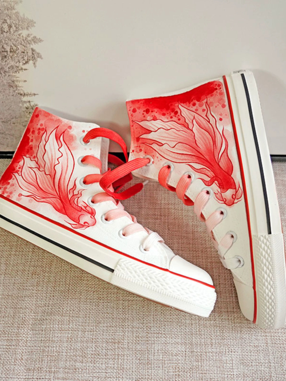 2024 Summer New Arrival High-Top National Style Hand-Painted Canvas Shoes Red Big Fish Chinese Ancient Style Ink Painting Stylish Student Creativity Board Shoes