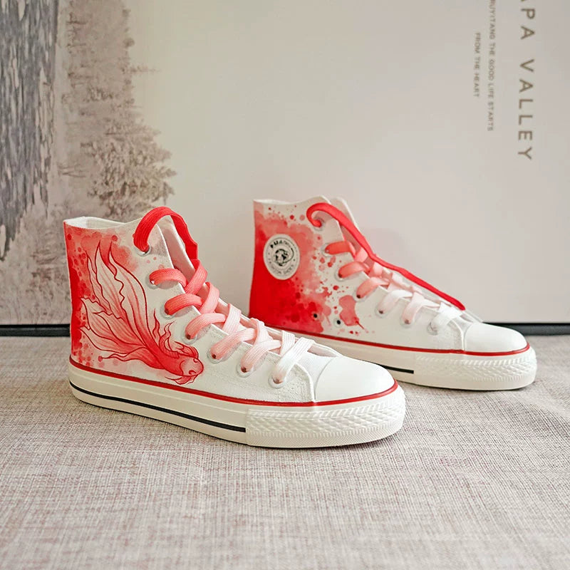 2024 Summer New Arrival High-Top National Style Hand-Painted Canvas Shoes Red Big Fish Chinese Ancient Style Ink Painting Stylish Student Creativity Board Shoes