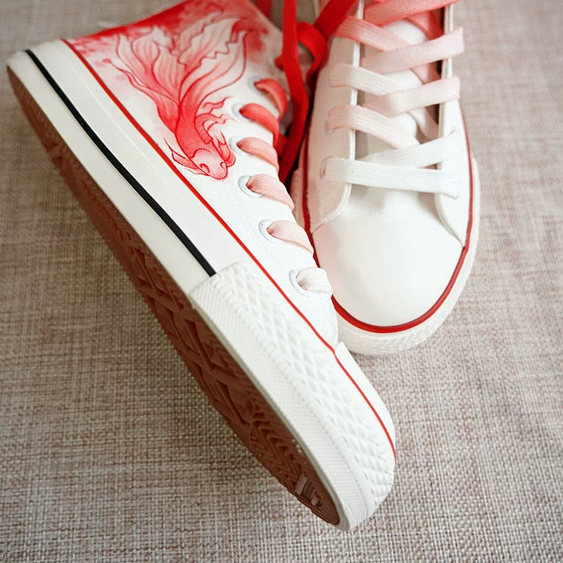 2024 Summer New Arrival High-Top National Style Hand-Painted Canvas Shoes Red Big Fish Chinese Ancient Style Ink Painting Stylish Student Creativity Board Shoes