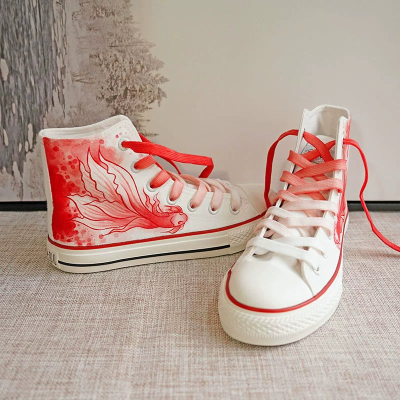 2024 Summer New Arrival High-Top National Style Hand-Painted Canvas Shoes Red Big Fish Chinese Ancient Style Ink Painting Stylish Student Creativity Board Shoes