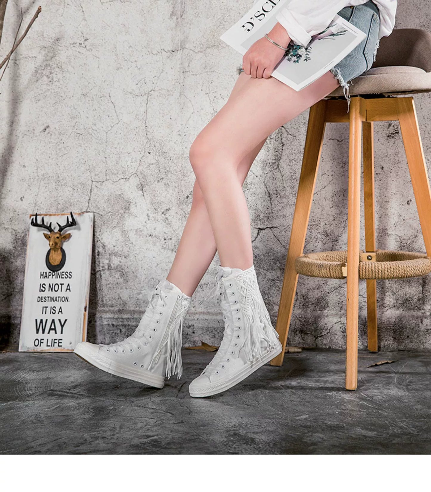 2024 New Arrival Knee Socks Canvas Shoes Casual Short Tube Tassel Zipper Dancing Shoes Canvas Boots Korean Style Women's Shoes Skate Shoes