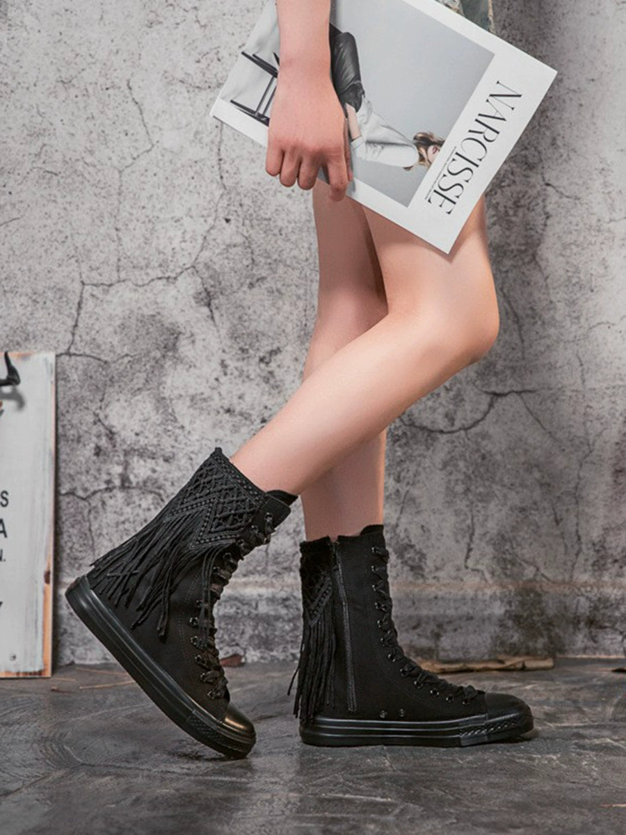 2024 New Arrival Knee Socks Canvas Shoes Casual Short Tube Tassel Zipper Dancing Shoes Canvas Boots Korean Style Women's Shoes Skate Shoes