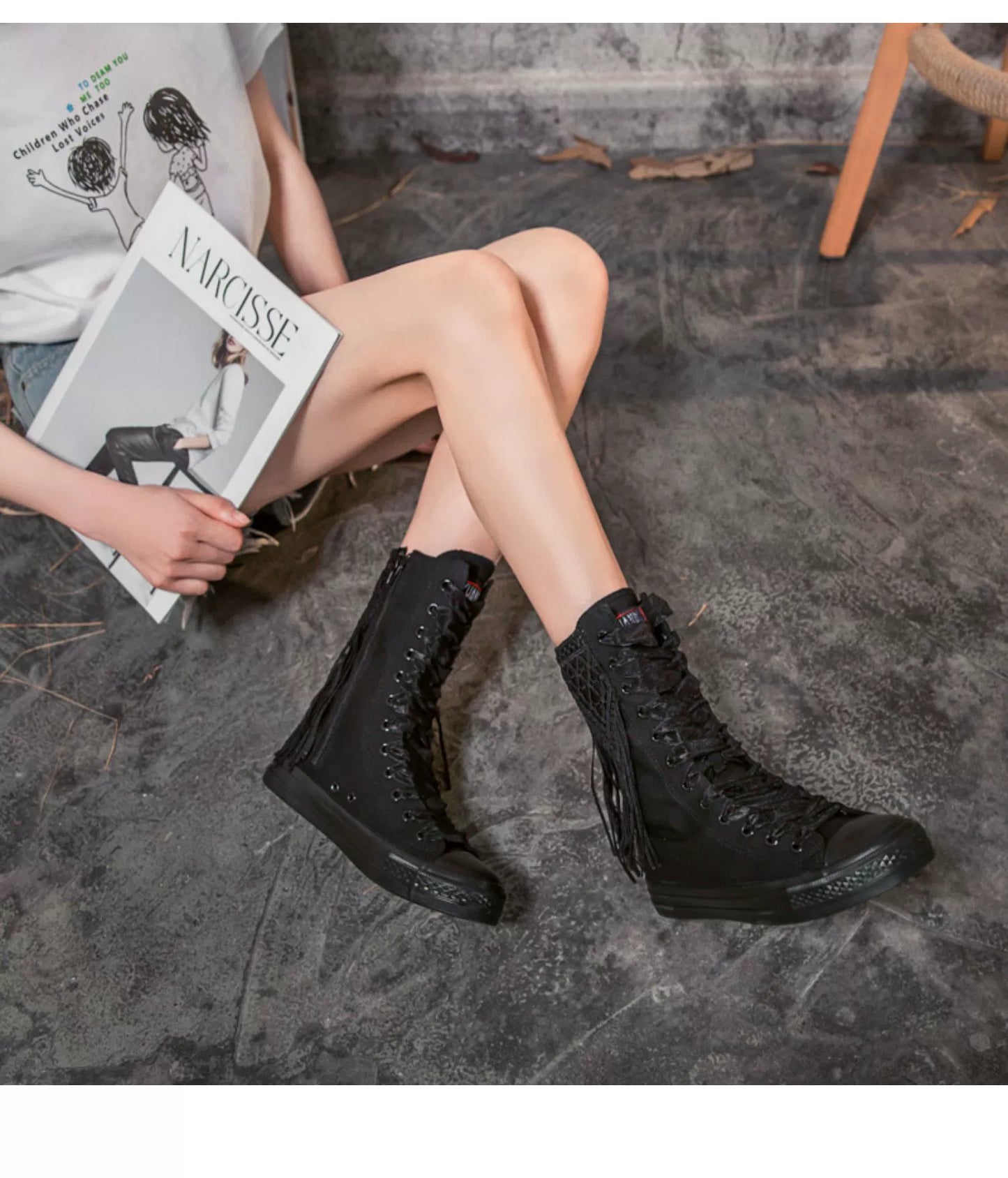 2024 New Arrival Knee Socks Canvas Shoes Casual Short Tube Tassel Zipper Dancing Shoes Canvas Boots Korean Style Women's Shoes Skate Shoes