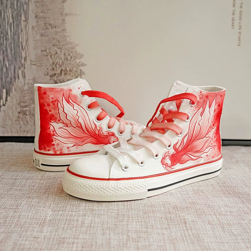 2024 Summer New Arrival High-Top National Style Hand-Painted Canvas Shoes Red Big Fish Chinese Ancient Style Ink Painting Stylish Student Creativity Board Shoes