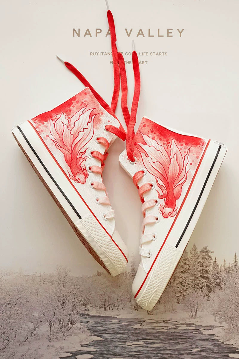 2024 Summer New Arrival High-Top National Style Hand-Painted Canvas Shoes Red Big Fish Chinese Ancient Style Ink Painting Stylish Student Creativity Board Shoes