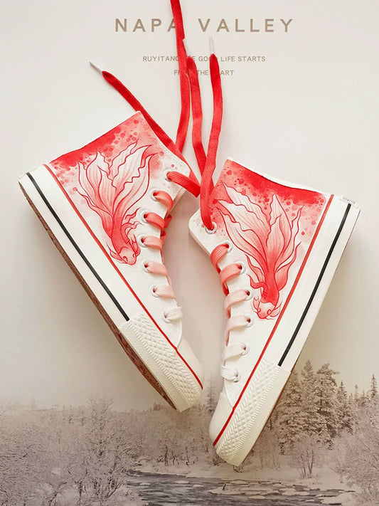 2024 Summer New Arrival High-Top National Style Hand-Painted Canvas Shoes Red Big Fish Chinese Ancient Style Ink Painting Stylish Student Creativity Board Shoes