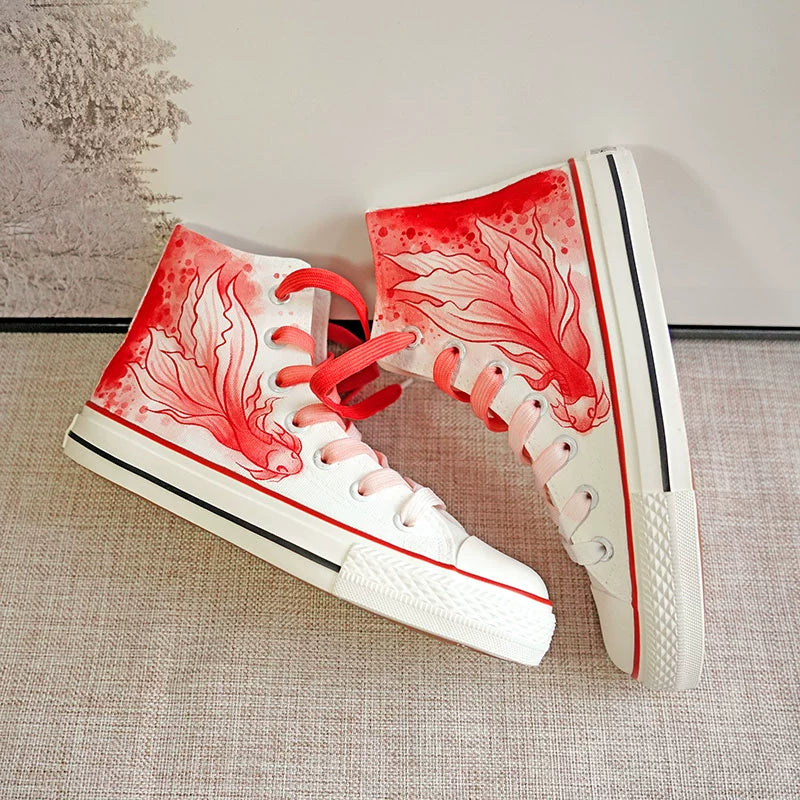 2024 Summer New Arrival High-Top National Style Hand-Painted Canvas Shoes Red Big Fish Chinese Ancient Style Ink Painting Stylish Student Creativity Board Shoes