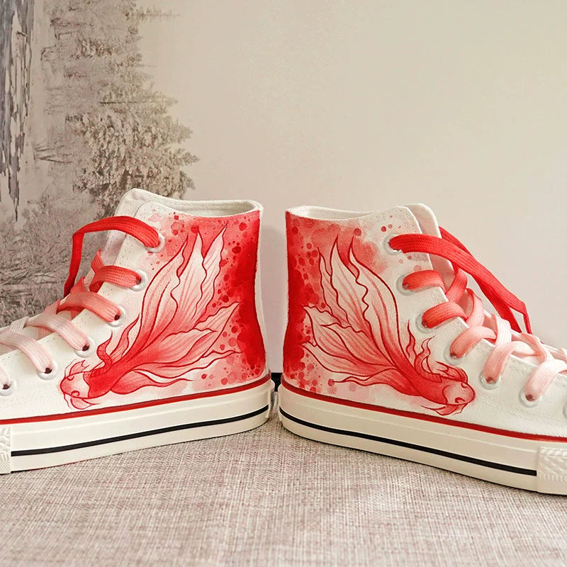 2024 Summer New Arrival High-Top National Style Hand-Painted Canvas Shoes Red Big Fish Chinese Ancient Style Ink Painting Stylish Student Creativity Board Shoes