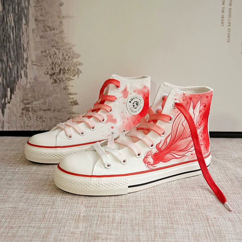 2024 Summer New Arrival High-Top National Style Hand-Painted Canvas Shoes Red Big Fish Chinese Ancient Style Ink Painting Stylish Student Creativity Board Shoes