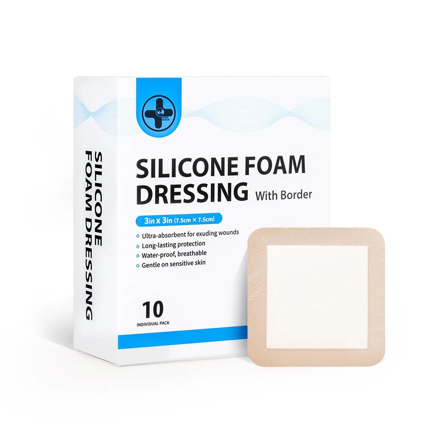 RHINO RESCUE Silicone Foam Dressing with Border, 4''x4'' 10 Pack Waterproof Wound Care Bandage, High Absorbent Pad for Bed Sores