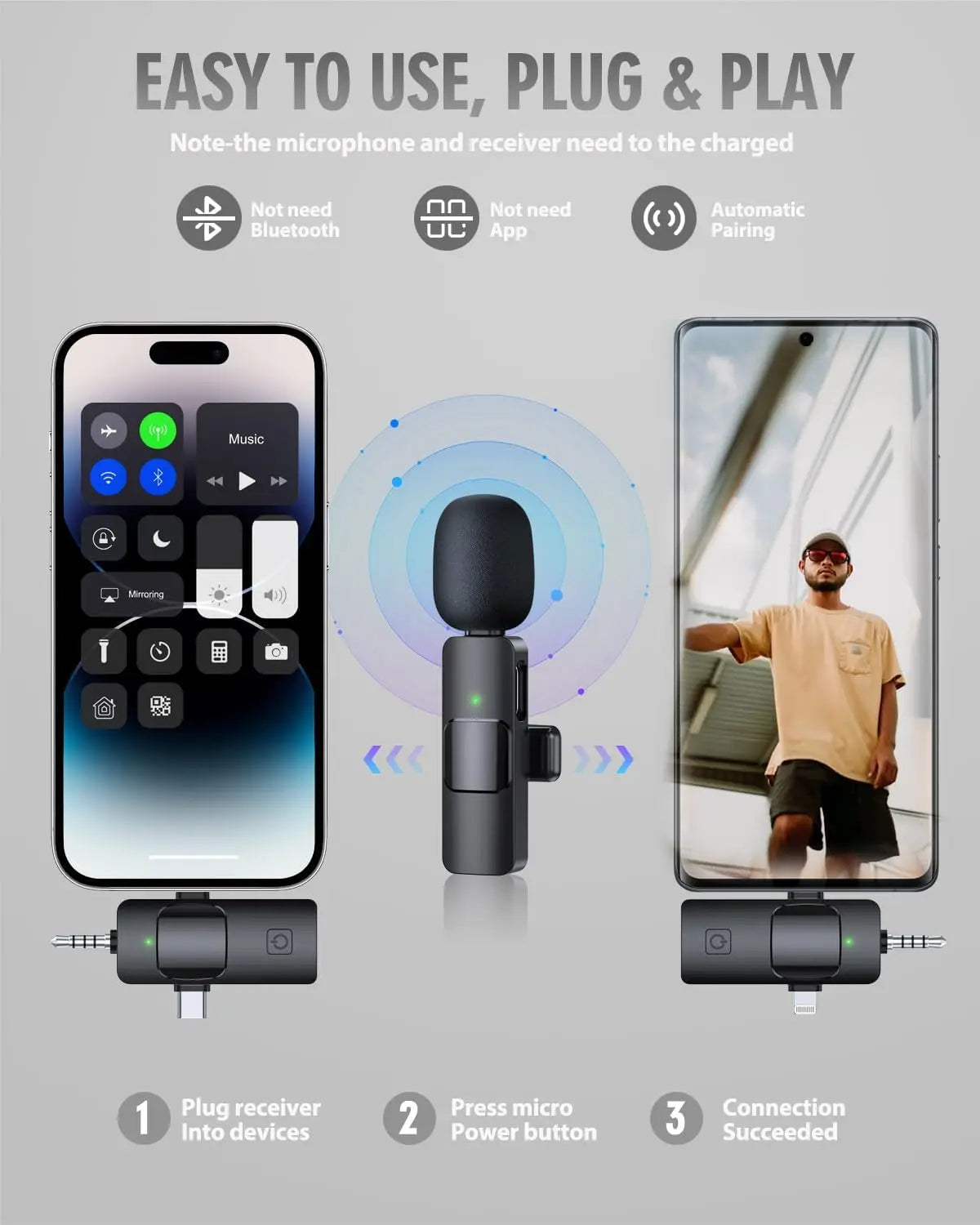 3 in 1 Wireless Microphone for iPhone Android Wireless Lavalier Microphone Noise Canceling Lapel Mic for Interview Video Podcast