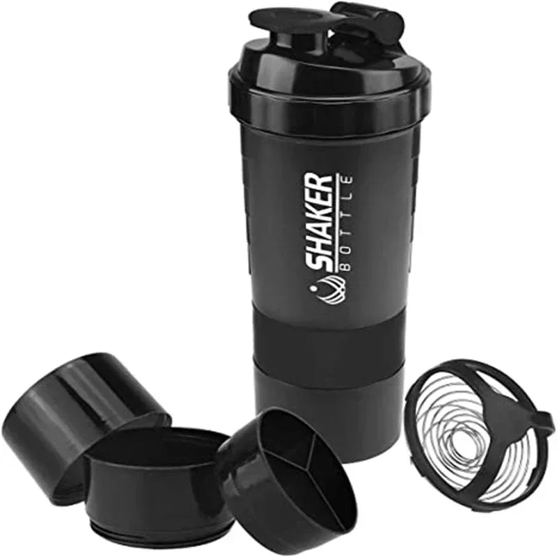 1pc Portable Protein Shaker Cup with Powder Storage Container 500ml Mixer Cup Gym Sport Water Bottles with Wire Whisk Ball