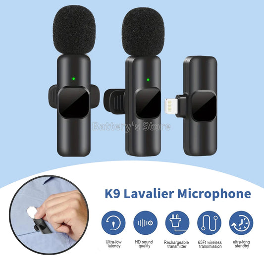 Original k9 Lavalier Wireless Microphone Lapel Mobile Phone Professional Audio Video Recording Live Mic For iPhone Type C 3.5mm