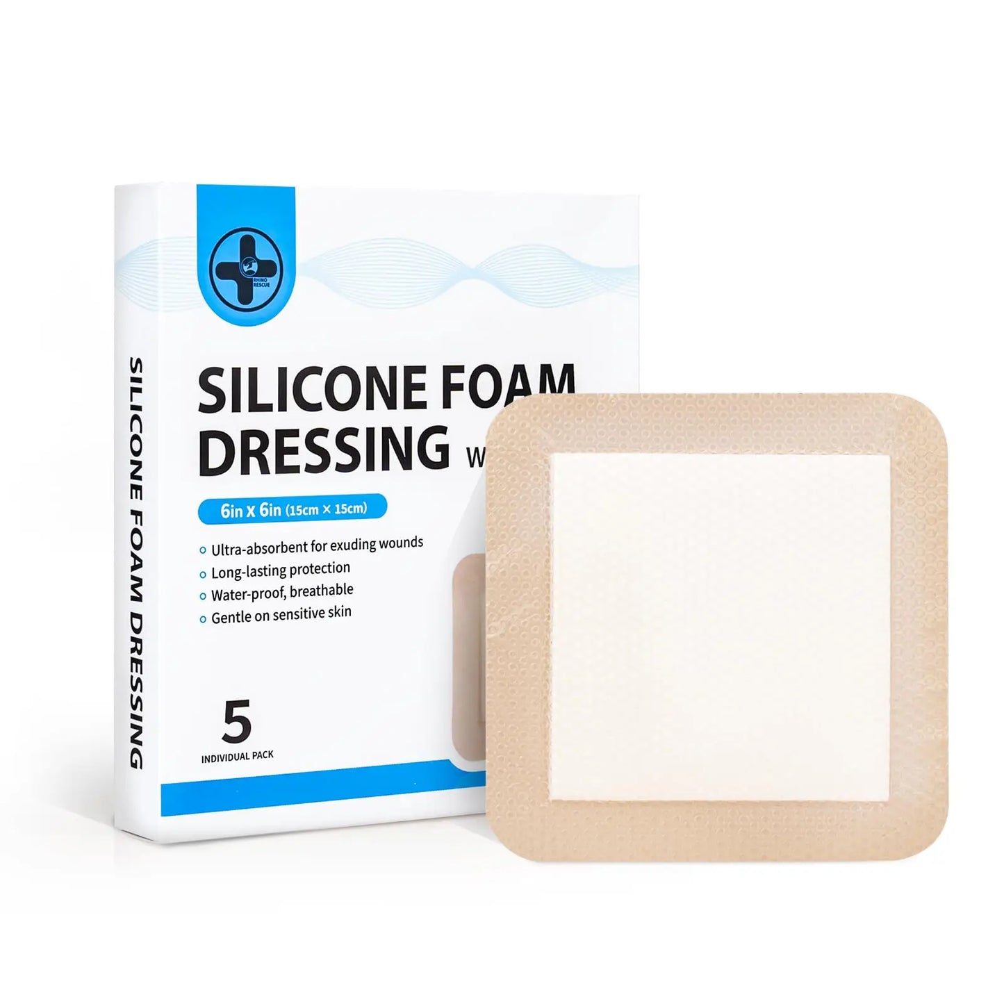 RHINO RESCUE Silicone Foam Dressing with Border, 4''x4'' 10 Pack Waterproof Wound Care Bandage, High Absorbent Pad for Bed Sores