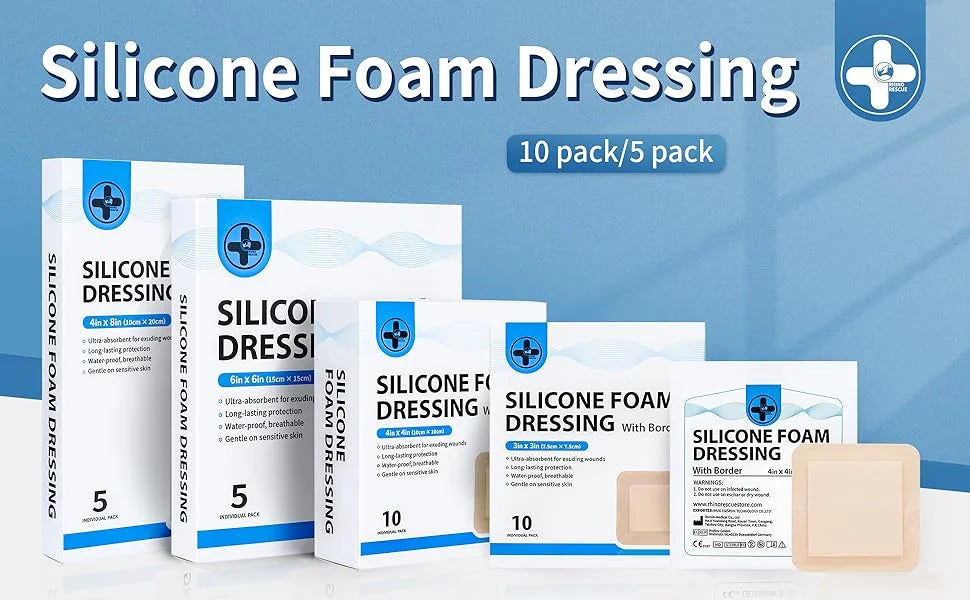 RHINO RESCUE Silicone Foam Dressing with Border, 4''x4'' 10 Pack Waterproof Wound Care Bandage, High Absorbent Pad for Bed Sores