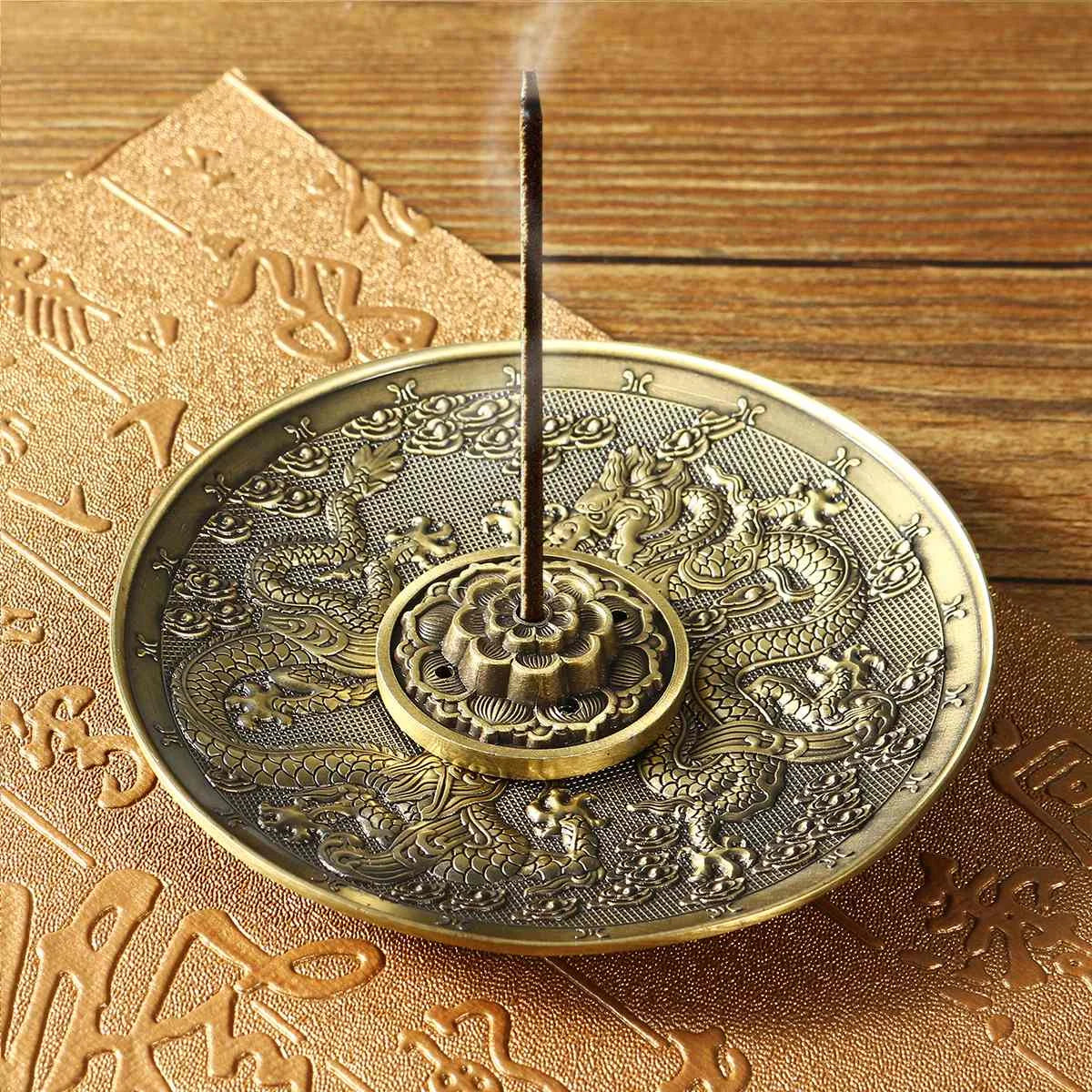 F Retro Incense Holder Metal Dragon and Phoenix Lotus Incense Burners for Incense Sticks Cone Censer Plate Buddhism Home Decor