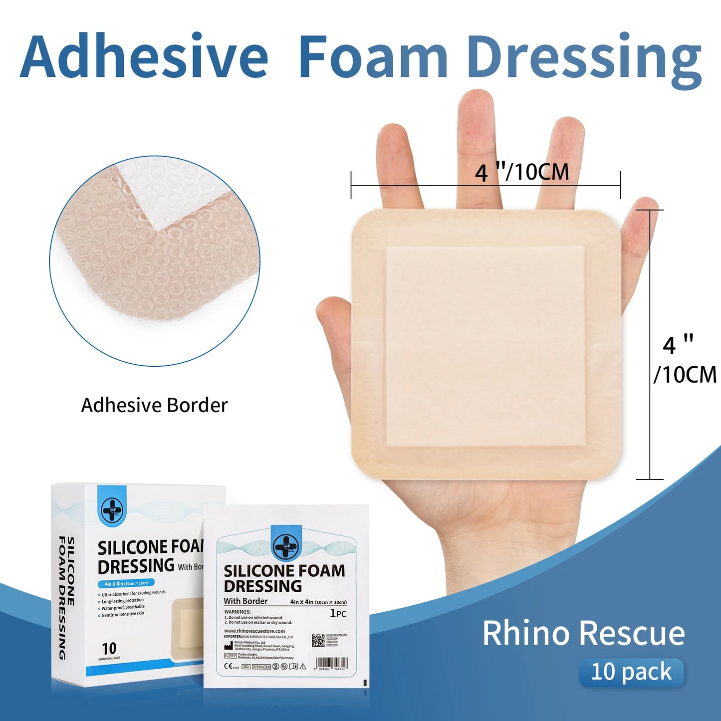 RHINO RESCUE Silicone Foam Dressing with Border, 4''x4'' 10 Pack Waterproof Wound Care Bandage, High Absorbent Pad for Bed Sores