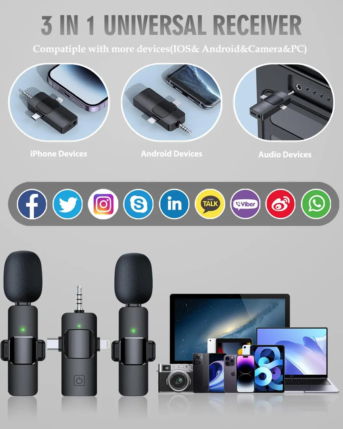 3 in 1 Wireless Microphone for iPhone Android Wireless Lavalier Microphone Noise Canceling Lapel Mic for Interview Video Podcast